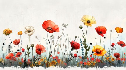 Obraz premium Watercolor painting of red, yellow, and white poppies in a field. Floral design for home decor, wallpaper, and art prints.