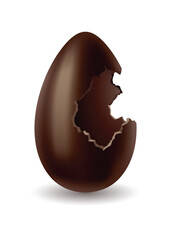 Chocolate egg. Broken, exploded eggshell. Kids confectionery, candy with surprise. Restaurant, cafe menu design. Vector dessert made of dark cocoa