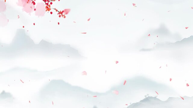 Daytime ancient traditional Chinese Japanese ink Painting of beautiful calm trees, mountains, flowers, Retro landscape red leaves flying atmospheric Chinese style background