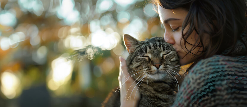 Peaceful moment, woman kisses her contented cat in a serene outdoor setting