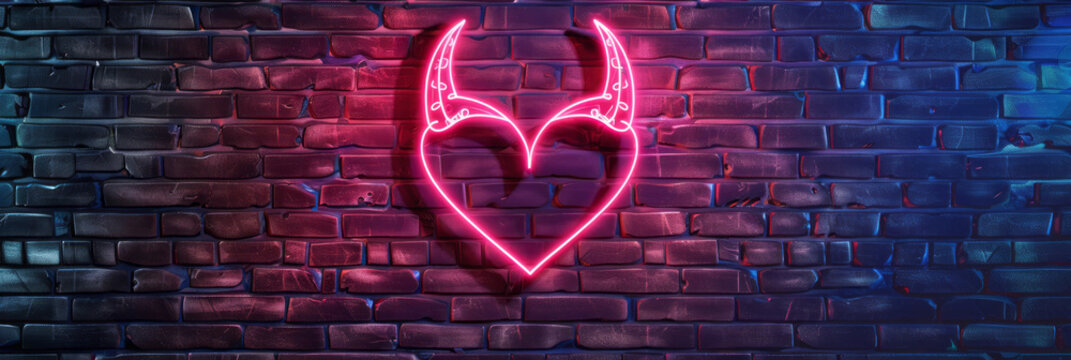 A cute neon heart with demon horns on a brick wall backdrop for Happy Valentine's Day celebration decoration and banner design.