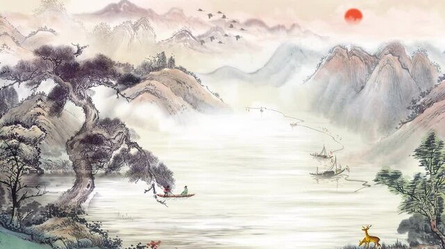 Retro Mysterious landscape China's traditional Oriental Digital Art animation, Chinese retro painting ink misty mountain with flowers, tree, birds, river in fog background. China Japan scenery artwork