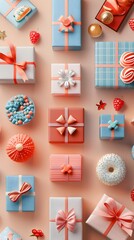 Festive assortment of colorful gift boxes and sweet treats arranged on a pastel background, perfect for holiday and birthday celebrations.
