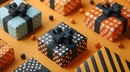 Festive orange and black gift boxes with polka dot and stripe patterns, arranged on an orange background for celebrations.