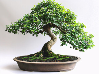 A centered bonsai tree in a classic shape, displayed on a white background, emphasizing its elegant...