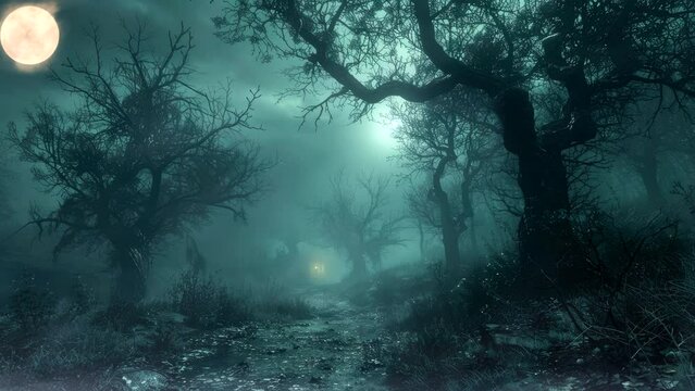 Eerie moonlit forest with twisted trees, horror video background