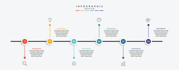 business infographic design with 6 parts or steps, containing icons, text, numbers, vector design