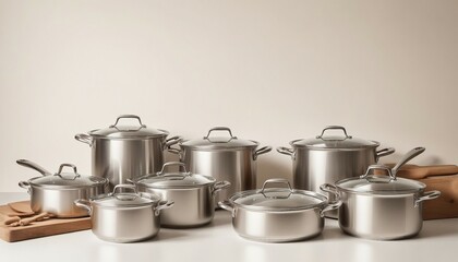 steel cookware and pan on white background, copy space for text, ad shot.

