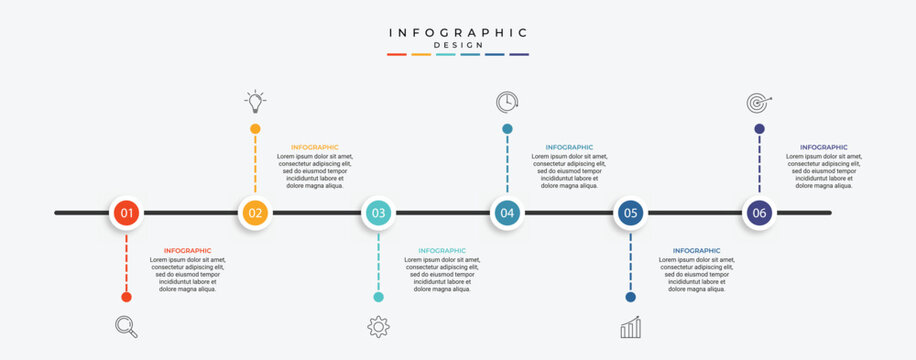 business infographic design with 6 parts or steps, containing icons, text, numbers, vector design
