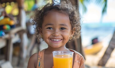 Fototapeta premium Child with a juice box, looking happy