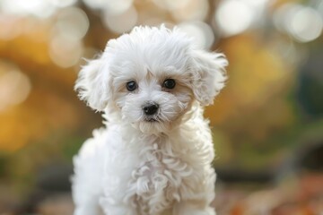 Cute white puppy with a soft, curly coat sitting outdoors with a blurred autumnal background