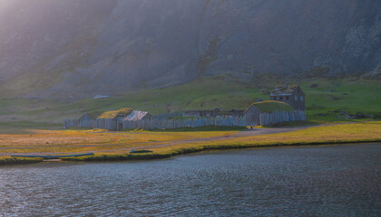 Beautiful panoramic aerial shot of Viking Village near Vestrahorn mountain at Stokksnes headland coast in East Iceland.