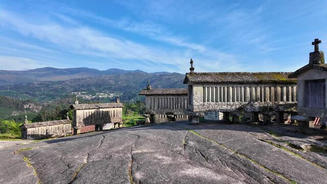 View of the communitarian granaries, called espigueiros, in the village of Soajo, Peneda-Geres National Park, Northern Portugal