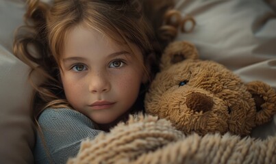 Child with a teddy bear, looking cuddly