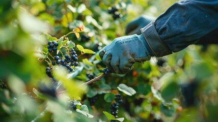 Person harvesting blackberries with gloved hands in garden