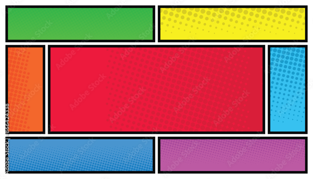 Poster funny superhero comics book empty pages with radial lines or stripes background, different pop page 