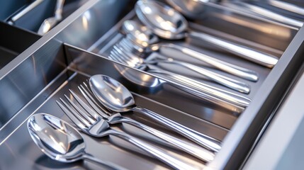 Close-up of Silverware in a Modern Kitchen Drawer
