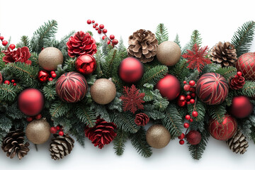 Wide arch shaped Christmas border isolated on white, composed of fresh fir branches and ornaments in red and silver, ai technology