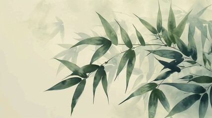 Watercolor painting of bamboo leaves with soft green background. Zen art with calming, peaceful, and natural aesthetic.