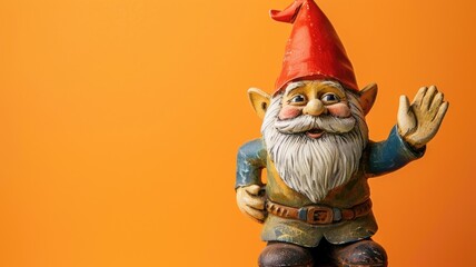 Cheerful garden gnome statue with white beard and red hat waving against orange background