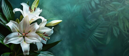 White lily blossom in garden against deep green backdrop with space for text.
