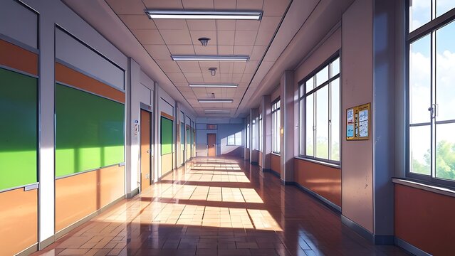 Empty School Hallway with Sunlight Streaming In. Illustration of a Japanese style school with tiled floors and windows.