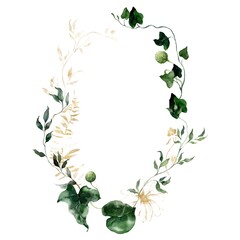 Watercolor floral oval frame featuring golden flowers, herbs and buds. Hand-drawn composition of a plant bouquet on a white background. An outdoor illustration for design, printing, fabric background.