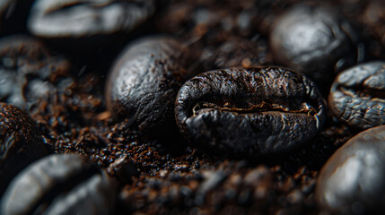 Obraz premium Dark coffee beans up close. Intense espresso. Coffee grounds forming a textured background.