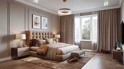 Elegant Bedroom Interior with Large Bed and Brown Tones