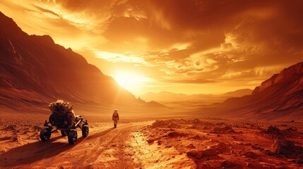 Exploring the Red Planet: Lone Astronaut and Robotic Rover on Mars Expedition in Vast Crater Terrain