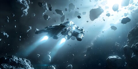 A brave pilot skillfully navigates an asteroid field avoiding rocky obstacles. Concept Sci-fi, Space Travel, Piloting, Adventure, Skill