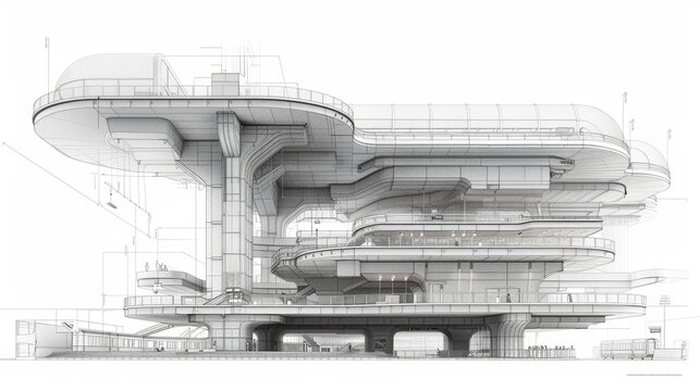 Cross-section CAD drawing of a huge brutalist train station, with multiple tracks and platforms, white background, technical blueprint
