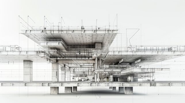 Cross-section CAD drawing of a huge brutalist train station, with multiple tracks and platforms, white background, technical blueprint