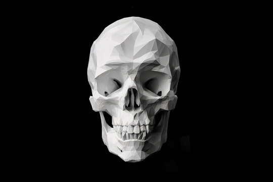 Low polygon model of white human skull on black background.