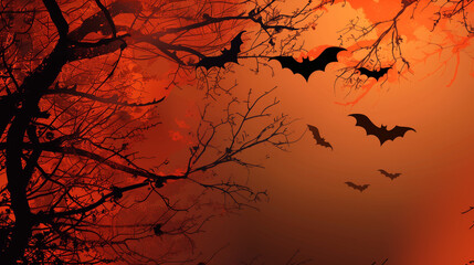 Halloween scary orange red night background with bats. Illustration