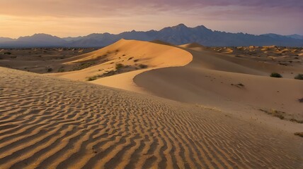 Sand dunes rise in the desert with mountains looming in the background under a clear sky.