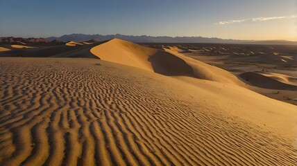 Sand dunes rise in the desert with mountains looming in the background under a clear sky.