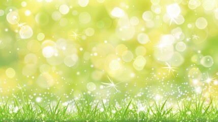 Obraz premium Close-up of dewy green grass under morning sunlight with a dreamy bokeh effect, creating a vibrant and fresh natural scene.