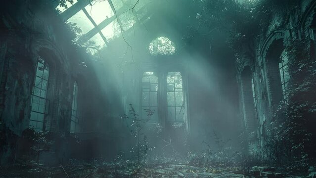 Abandoned haunted mansion with overgrown vines, horror video background