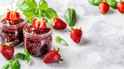 Basil leaves and fresh strawberries surrounding small bowls of strawberry jam on a white background, creating a vibrant and fresh culinary display.
