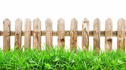 Obraz premium Wooden fence and bright green grass against a pure white background, suitable for banner design