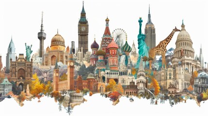 Fototapeta premium A vibrant collage showcasing globally famous landmarks including the Statue of Liberty, Big Ben, and the Eiffel Tower, each representing unique cultural significance.