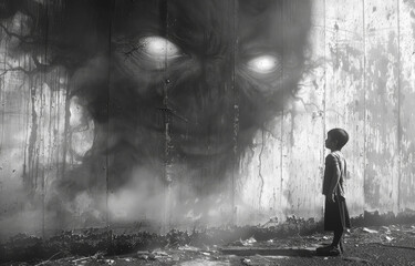 Obraz premium A child stands in front of a large, scary monster. The monster has glowing eyes and a menacing expression.