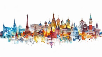 Obraz premium A colorful and abstract illustration featuring globally renowned landmarks like the Eiffel Tower and St. Basil's Cathedral, symbolizing vibrancy and cultural diversity.