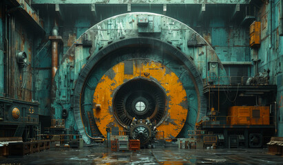 A large, yellow and blue machine with a window in the middle. The machine is surrounded by a lot of other machines and objects.