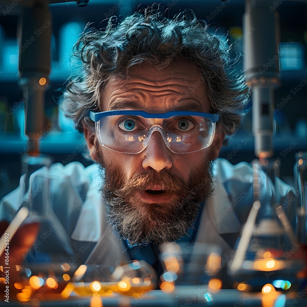 Poster curious scientist studying unexplainable reaction in laboratory setting with doubt and