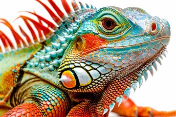 Fototapeta premium Close up of a colorful iguana against a blurred background showcasing vibrant scales and intricate textures