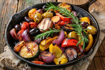 Grilled vegetables and olives on iron pan.