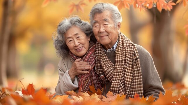 Elderly couple smiling and embracing in an autumn park, surrounded by vibrant orange and yellow leaves.