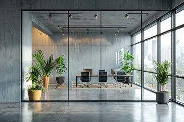 Sleek, modern office interior with glass partitions, plants, and contemporary furniture.